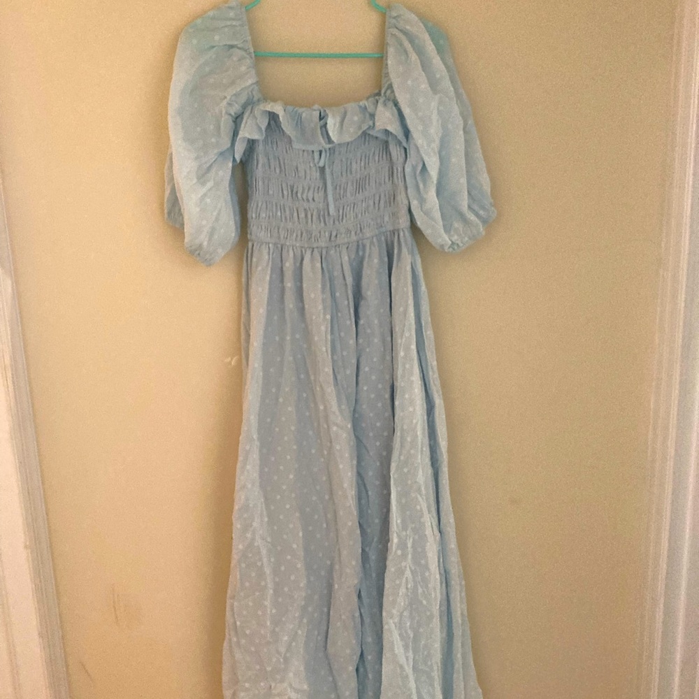 Pretty light blue floor length dress.